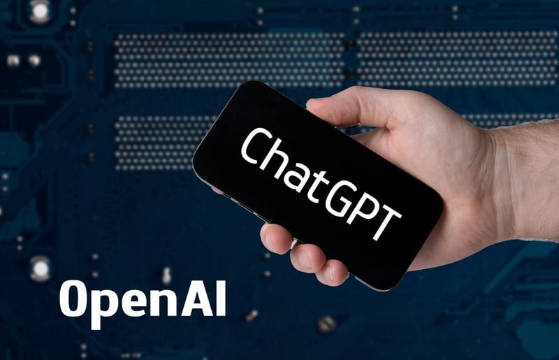 Mão segurando um smartphone com o nome ChatGPT na tela, ao lado do texto OpenAI
